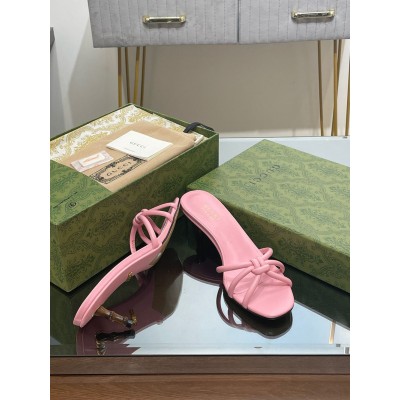 Gucci Slide Sandas in Pink Leather with Bamboo Heel GGSS24284