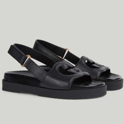 Gucci Slingback Interlocking G Sandals in Black Leather GGSS24217