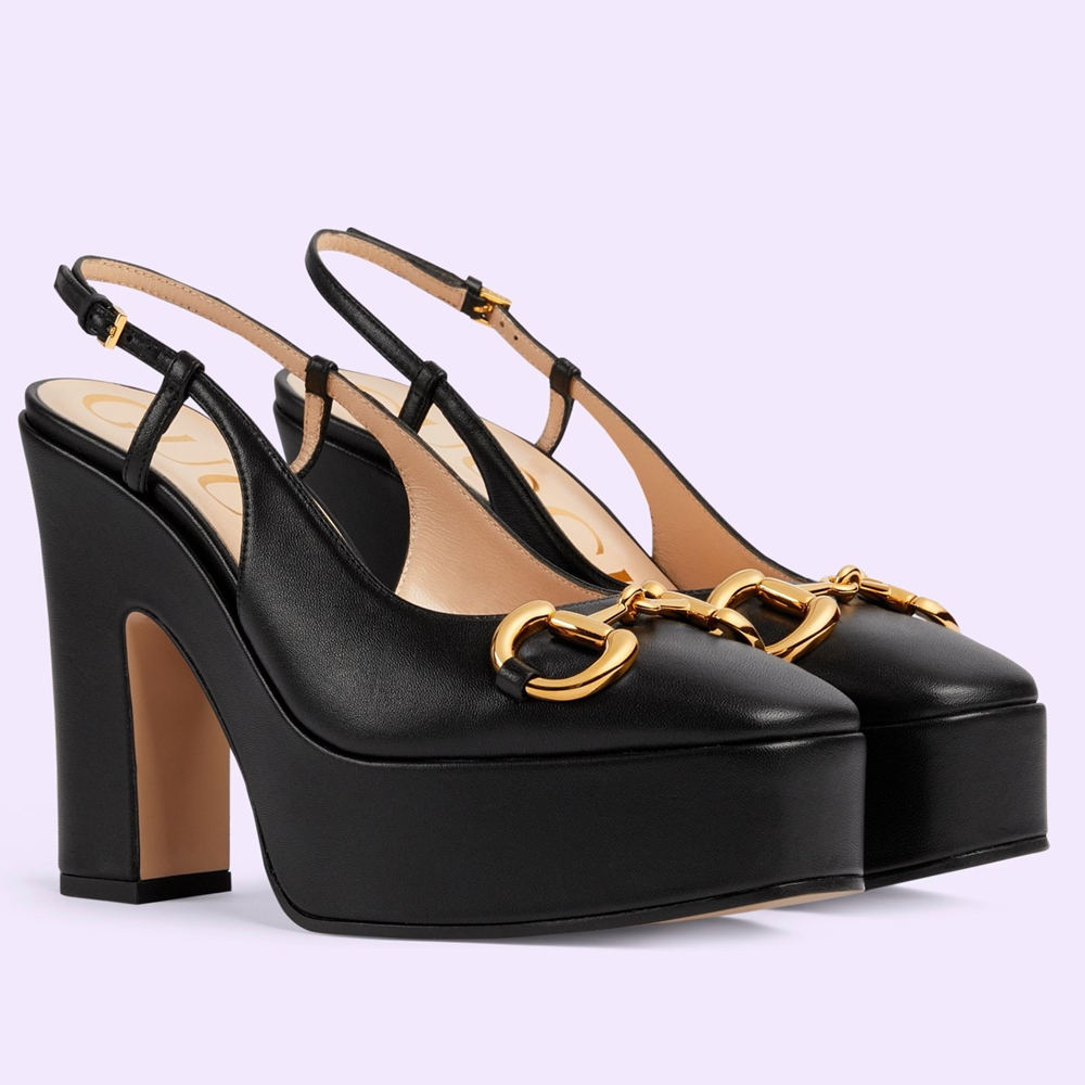 Gucci Slingback Platform Pumps 120mm in Black Leather GGSS24154