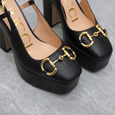 Gucci Slingback Platform Pumps 120mm in Black Leather GGSS24154