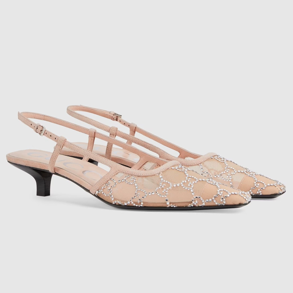 Gucci Slingback Pumps 35MM In Beige Mesh with GG Crystals GGSS24156