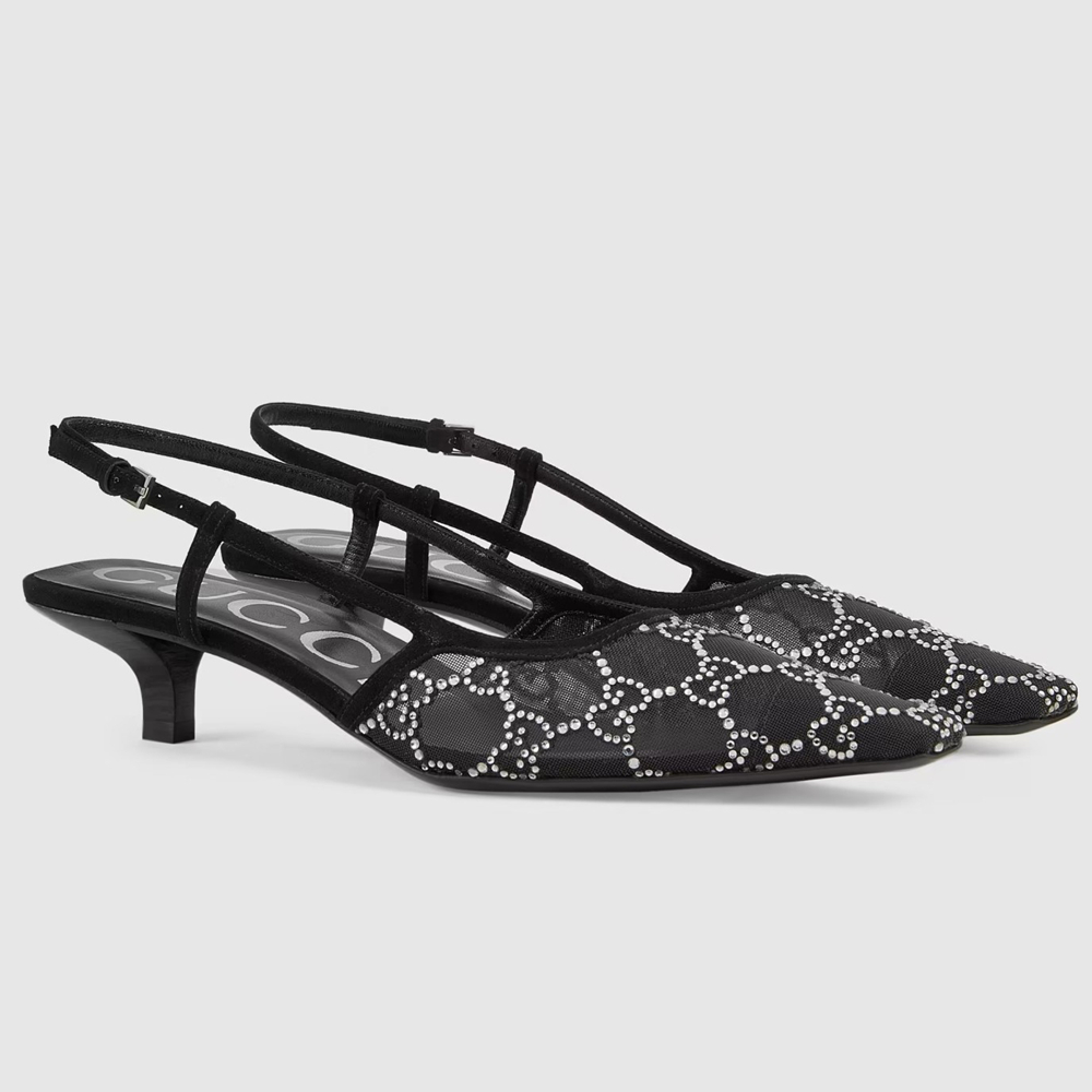 Gucci Slingback Pumps 35MM In Black Mesh with GG Crystals GGSS24157