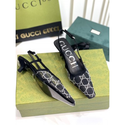 Gucci Slingback Pumps 35MM In Black Mesh with GG Crystals GGSS24157