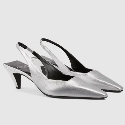 Gucci Slingback Pumps 55mm in Silver Metallic Leather GGSS24160