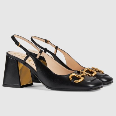 Gucci Slingback Pumps 75mm in Black Leather with Horsebit GGSS24161