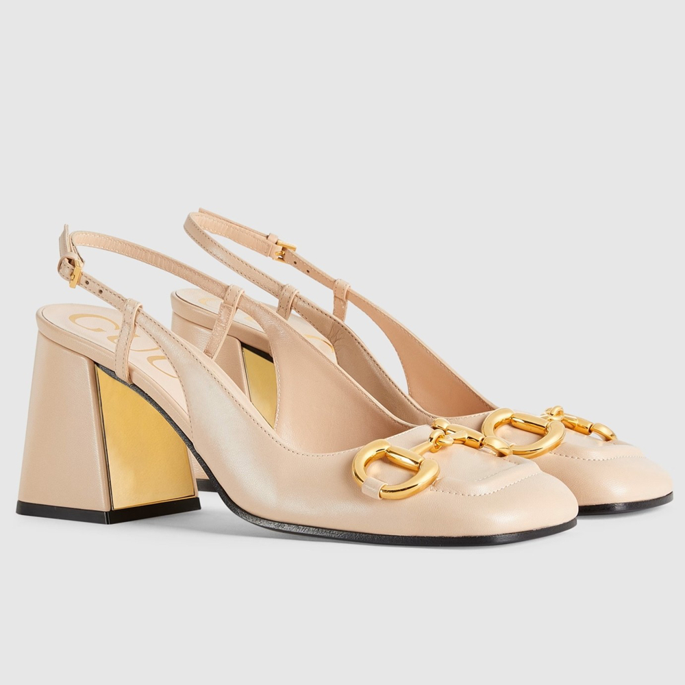 Gucci Slingback Pumps 75mm in Nude Leather with Horsebit GGSS24162