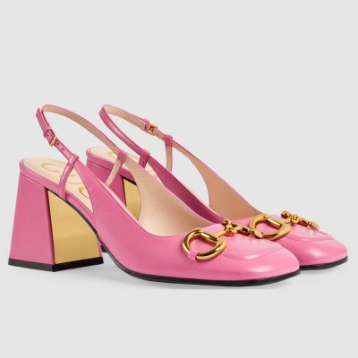 Gucci Slingback Pumps 75mm in Pink Leather with Horsebit GGSS24163