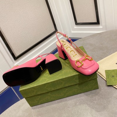 Gucci Slingback Pumps 75mm in Pink Leather with Horsebit GGSS24163