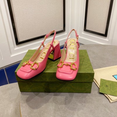 Gucci Slingback Pumps 75mm in Pink Leather with Horsebit GGSS24163