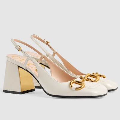 Gucci Slingback Pumps 75mm in White Leather with Horsebit GGSS24164