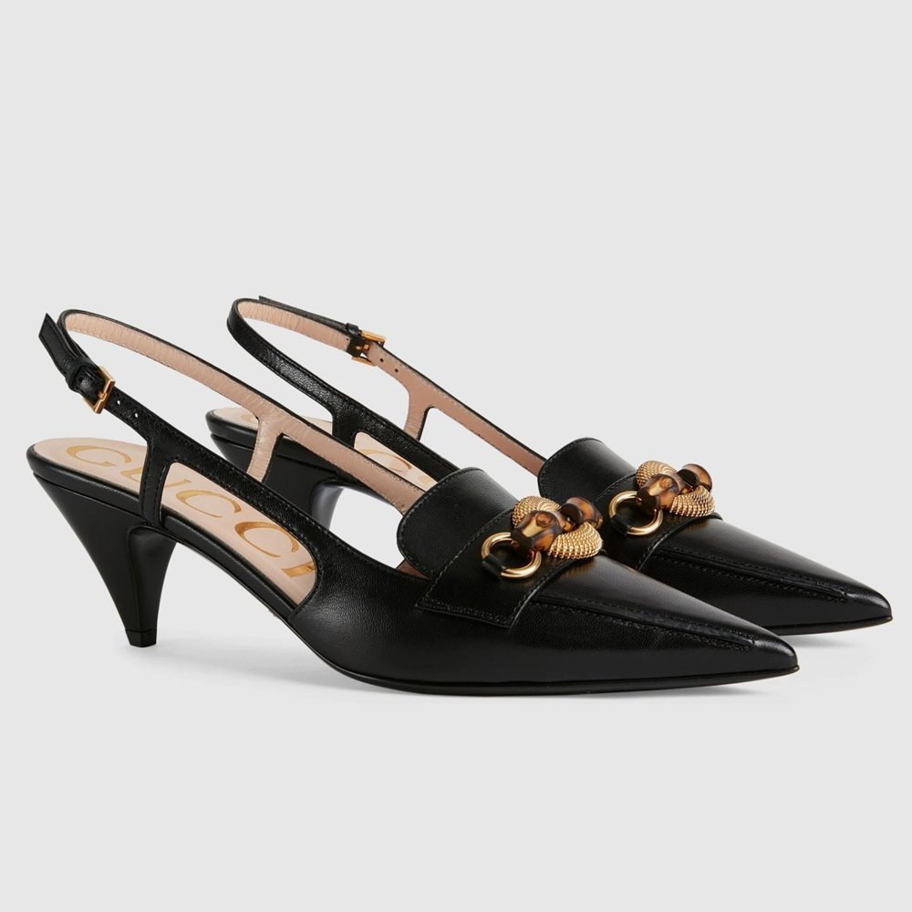 Gucci Slingback Pumps in Black Leather with Bamboo Horsebit GGSS24165