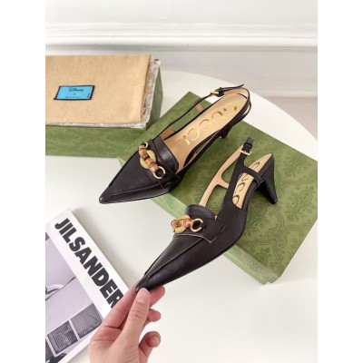 Gucci Slingback Pumps in Black Leather with Bamboo Horsebit GGSS24165