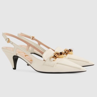 Gucci Slingback Pumps in White Leather with Bamboo Horsebit GGSS24167