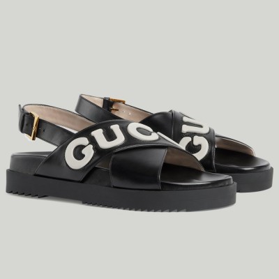 Gucci Slingback Sandals in Black Leather with White Logo GGSS24221