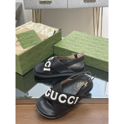 Gucci Slingback Sandals in Black Leather with White Logo GGSS24221