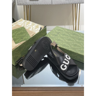 Gucci Slingback Sandals in Black Leather with White Logo GGSS24221