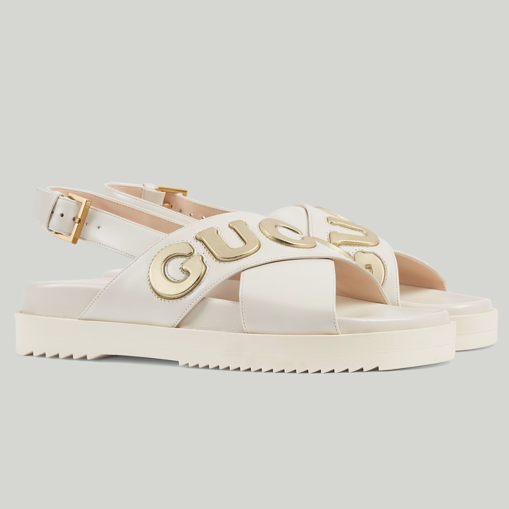 Gucci Slingback Sandals in White Leather with Gold Logo GGSS24222