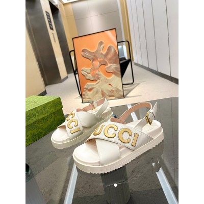 Gucci Slingback Sandals in White Leather with Gold Logo GGSS24222