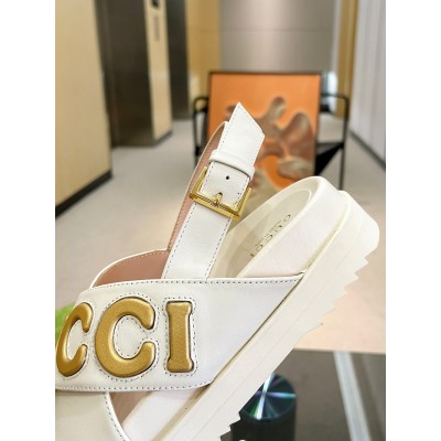 Gucci Slingback Sandals in White Leather with Gold Logo GGSS24222