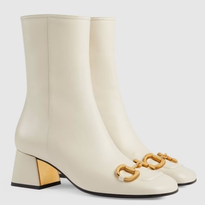 Gucci White Leather 55MM Ankle Boots with Horsebit GGSS24024