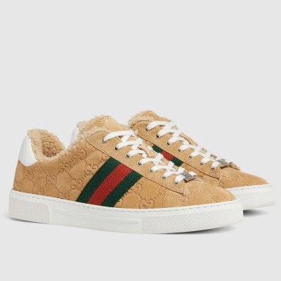 Gucci Women's Ace Sneakers in Beige GG Suede with Shearling GGSS24364