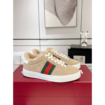 Gucci Women's Ace Sneakers in Beige GG Suede with Shearling GGSS24364