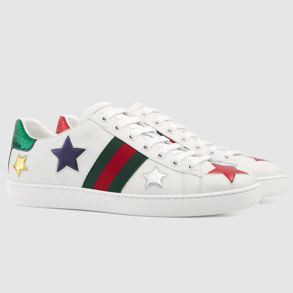 Gucci Women's Ace Sneakers in White Leather with Stars GGSS24369