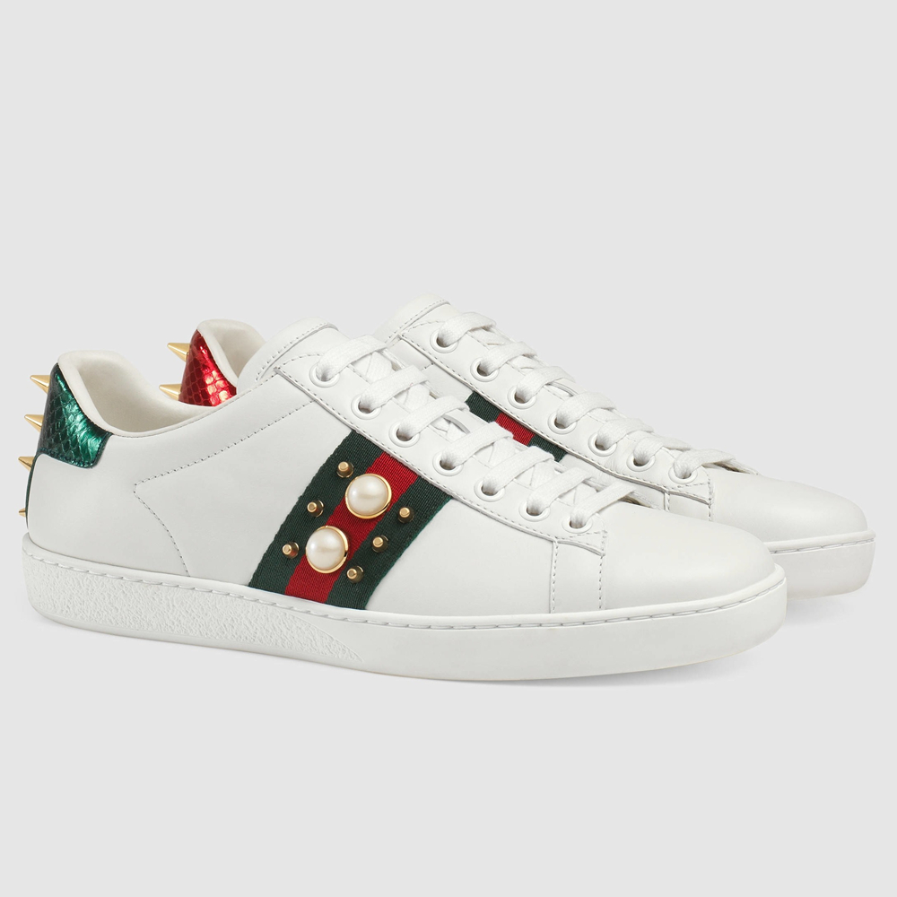 Gucci Women's Ace White Sneakers with Studded & Pearl GGSS24373