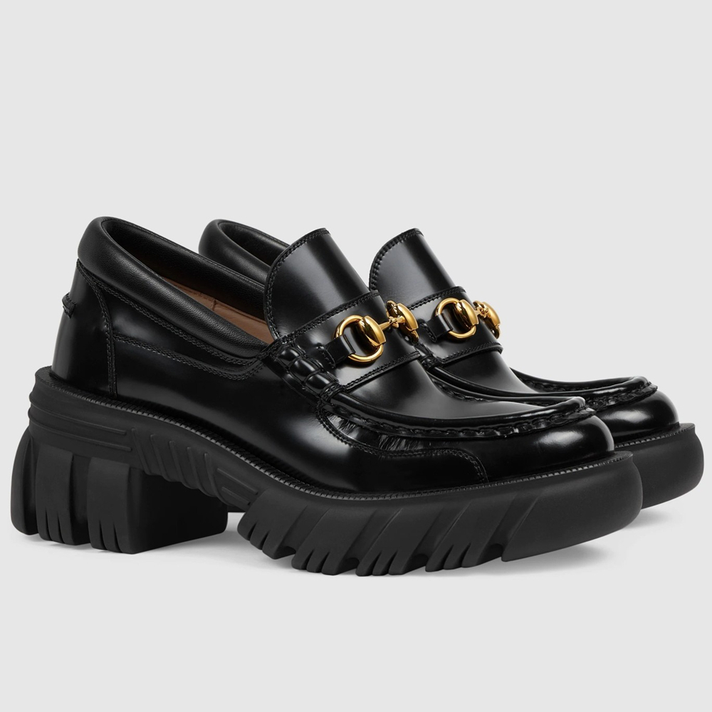 Gucci Women's Chunky Lug Sole Horsebit Loafers in Black Leather GGSS24084