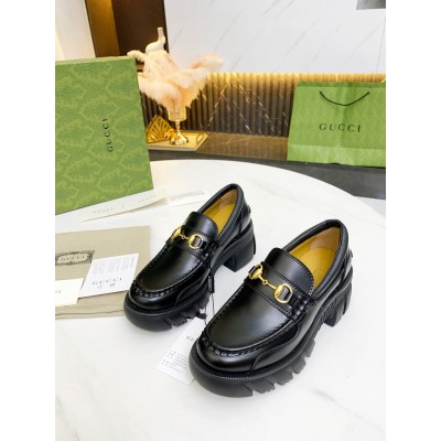 Gucci Women's Chunky Lug Sole Horsebit Loafers in Black Leather GGSS24084