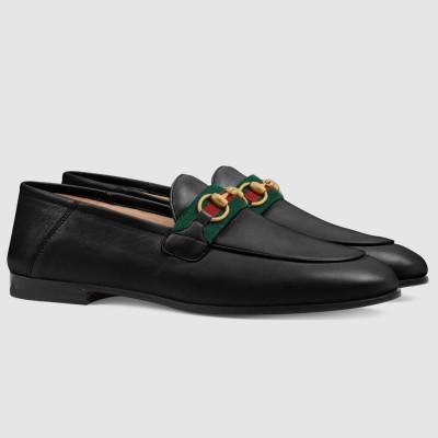 Gucci Women's Foldable Slim Horsebit Loafers in Black Leather with Web GGSS24087