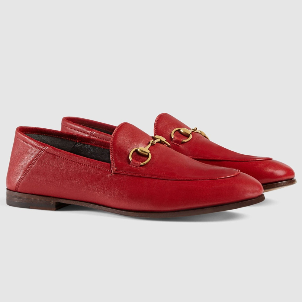 Gucci Women's Foldable Slim Horsebit Loafers in Red Leather GGSS24088