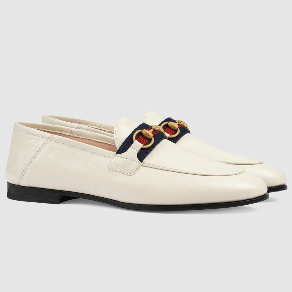 Gucci Women's Foldable Slim Horsebit Loafers in White Leather with Web GGSS24090