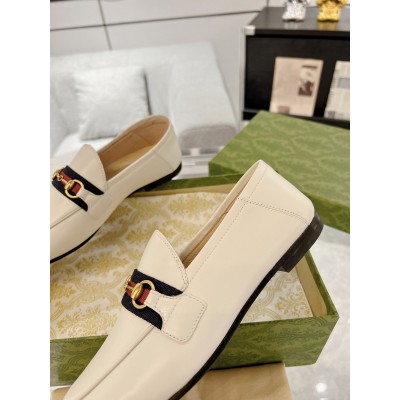 Gucci Women's Foldable Slim Horsebit Loafers in White Leather with Web GGSS24090