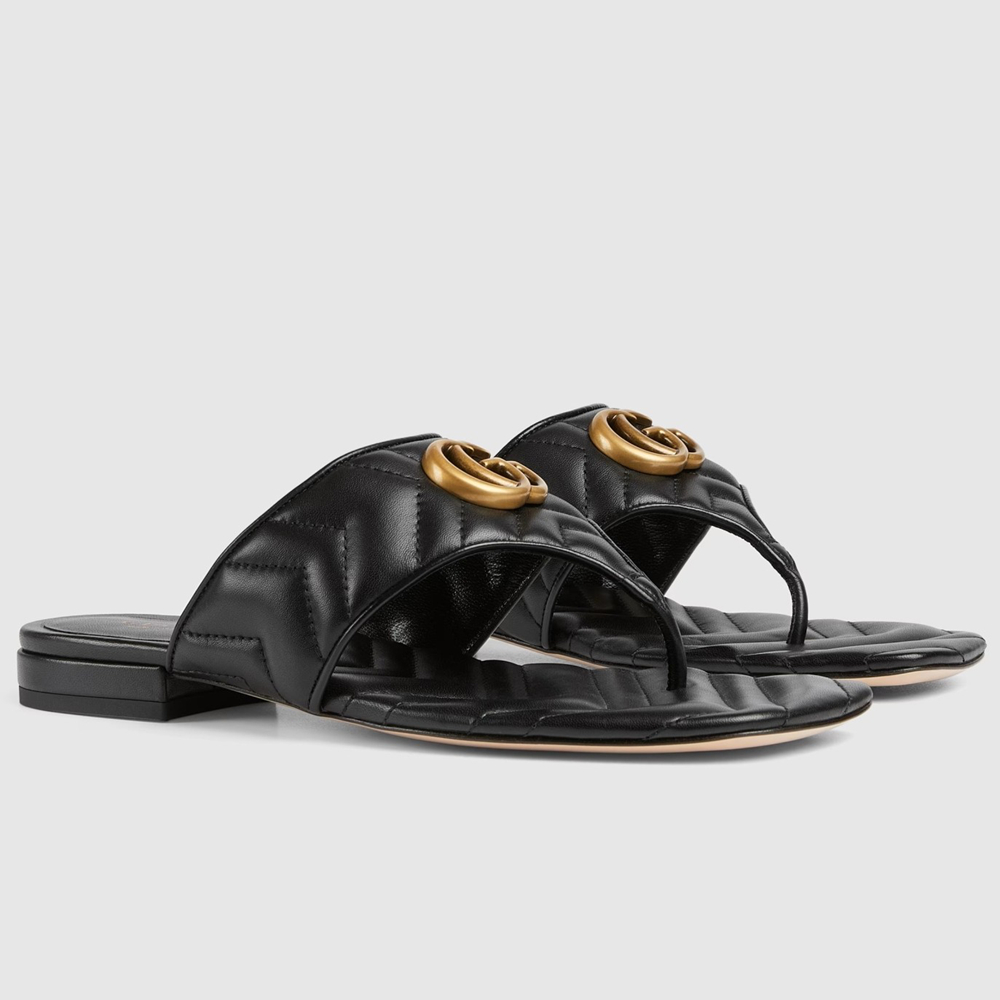 Gucci Women's GG Marmont Thong Sandals in Black Leather GGSS24231