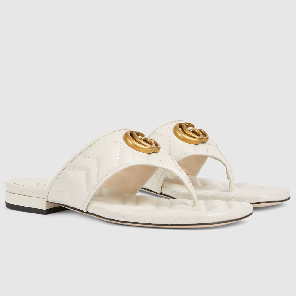 Gucci Women's GG Marmont Thong Sandals in White Leather GGSS24232