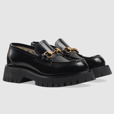 Gucci Women's Horsebit Loafers in Black Leather with Lug Sole GGSS24095