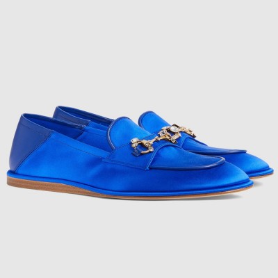 Gucci Women's Horsebit Loafers in Blue Satin with Crystals GGSS24097