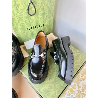 Gucci Women's Horsebit Loafers in Noir Leather with Lug Sole GGSS24098