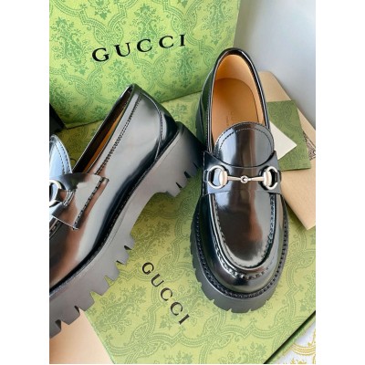 Gucci Women's Horsebit Loafers in Noir Leather with Lug Sole GGSS24098