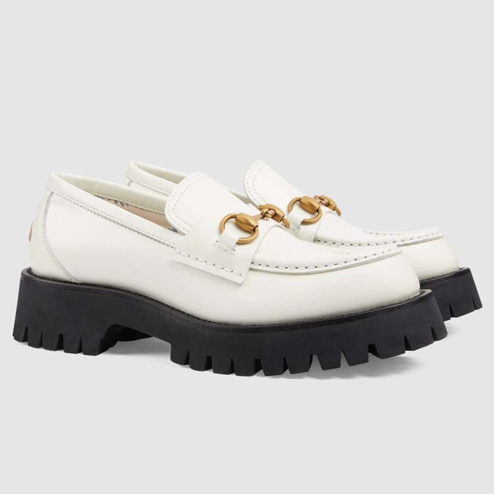 Gucci Women's Horsebit Loafers in White Leather with Lug Sole GGSS24099