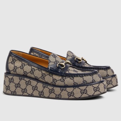 Gucci Women's Horsebit Wedge Loafers in Blue GG Canvas GGSS24102