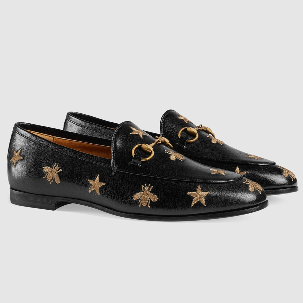 Gucci Women's Jordaan Loafers in Black Leather with Bees and Stars GGSS24107