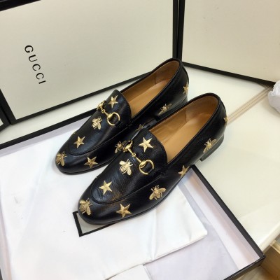 Gucci Women's Jordaan Loafers in Black Leather with Bees and Stars GGSS24107