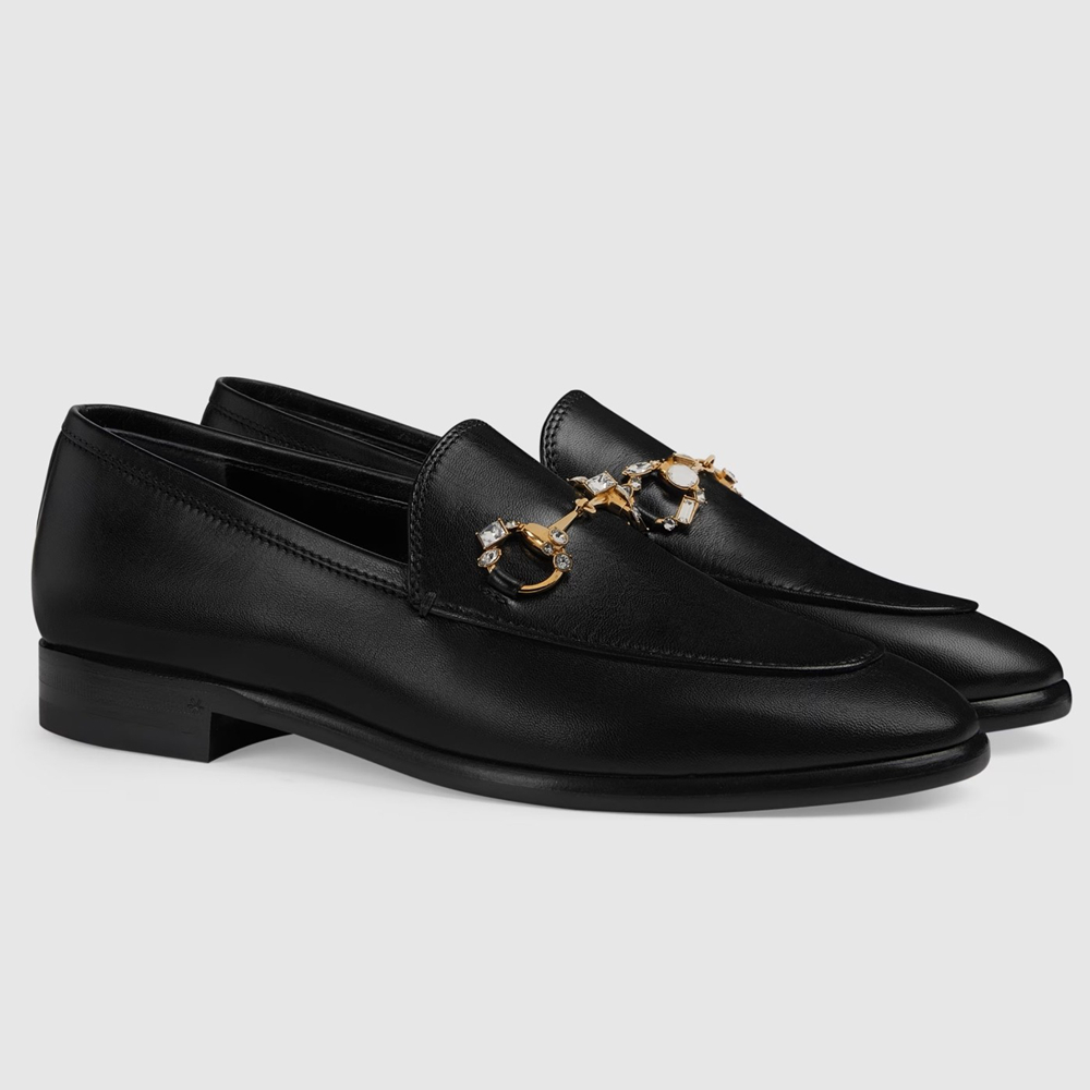 Gucci Women's Jordaan Loafers in Black Leather with Crystals GGSS24108