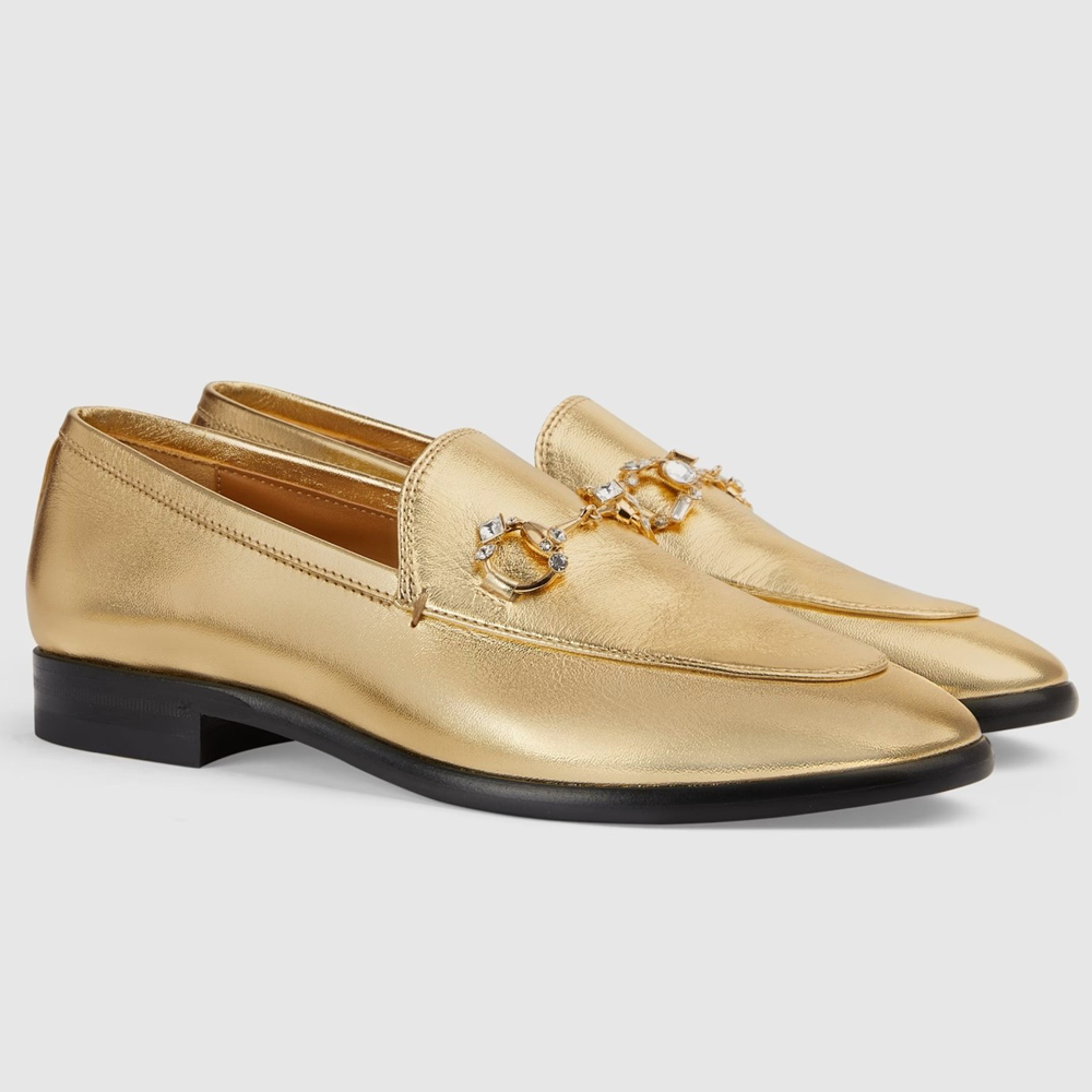 Gucci Women's Jordaan Loafers in Gold Metallic Leather with Crystals GGSS24109