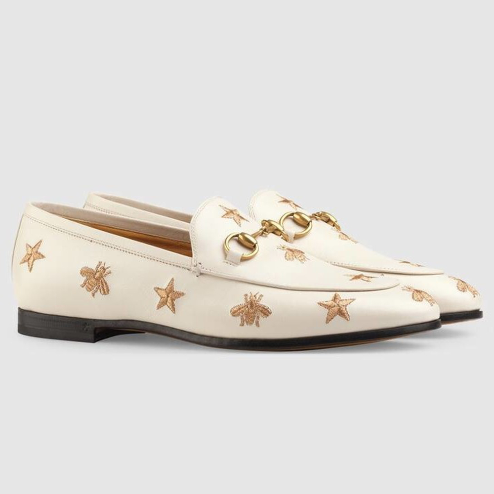 Gucci Women's Jordaan Loafers in White Leather with Bees and Stars GGSS24112