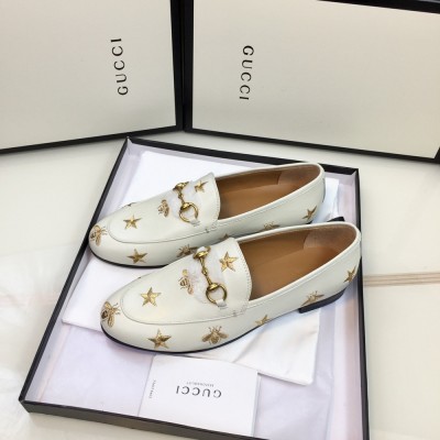 Gucci Women's Jordaan Loafers in White Leather with Bees and Stars GGSS24112