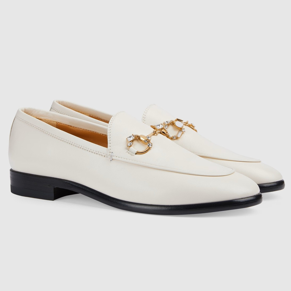 Gucci Women's Jordaan Loafers in White Leather with Crystals GGSS24113