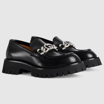 Gucci Women's Lug Sole Horsebit Loafers in Black Leather GGSS24121